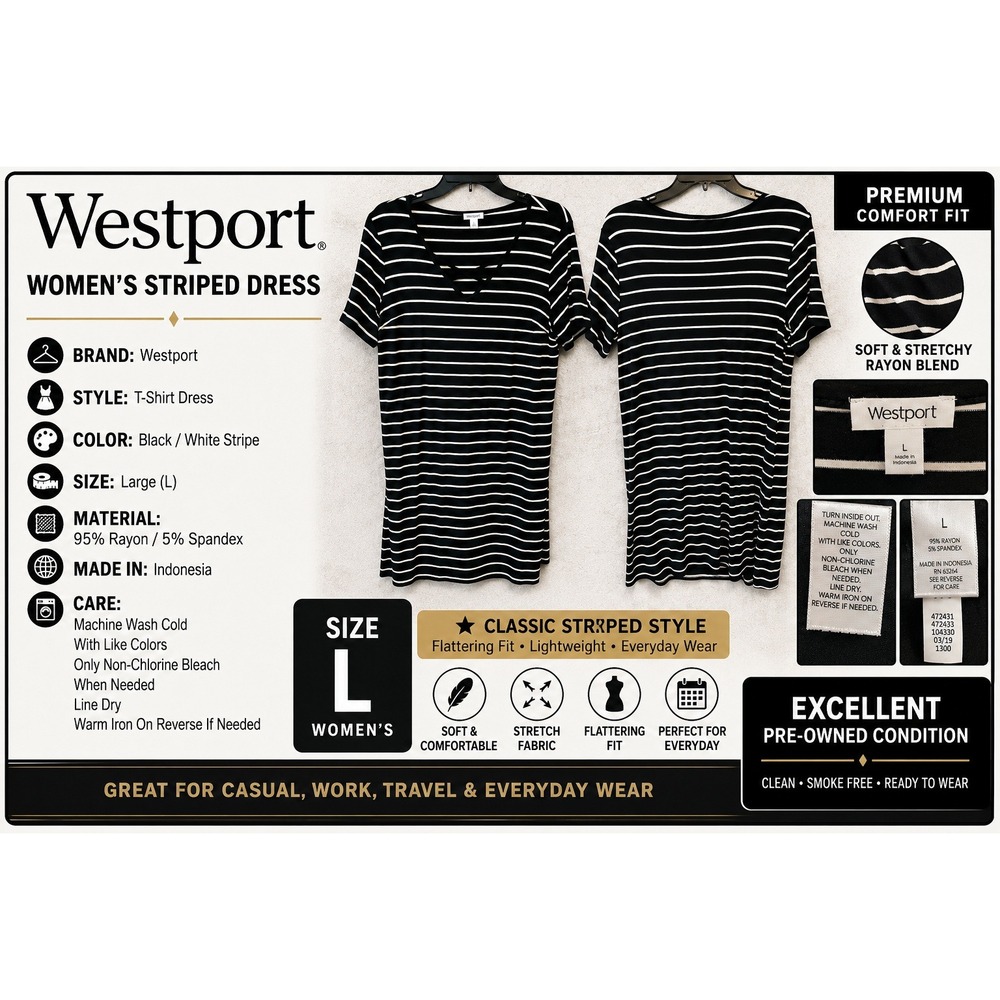 Westport Womens Striped T-Shirt Dress Black White V-Neck Strappy Size L 472431